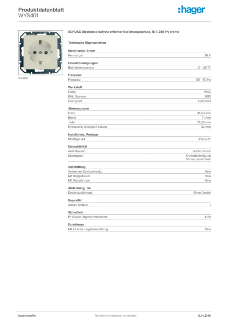 Bild Hager Produktdatenblatt WYS401 | Hager Deutschland
