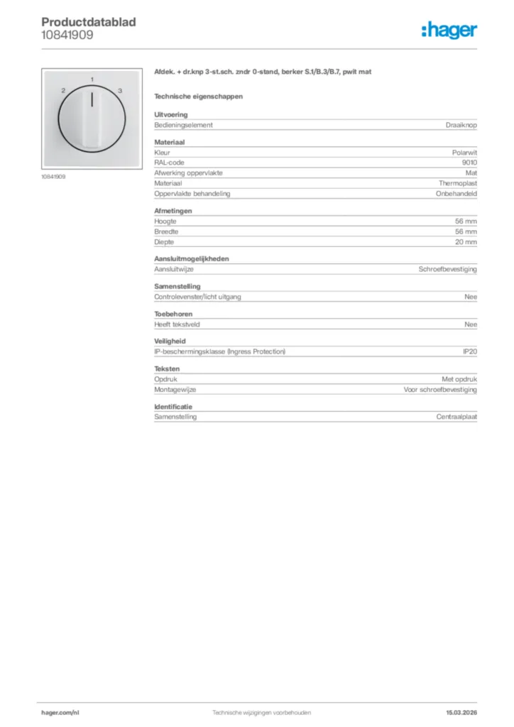 Afbeelding Hager Productdatablad 10841909 | Hager Nederland