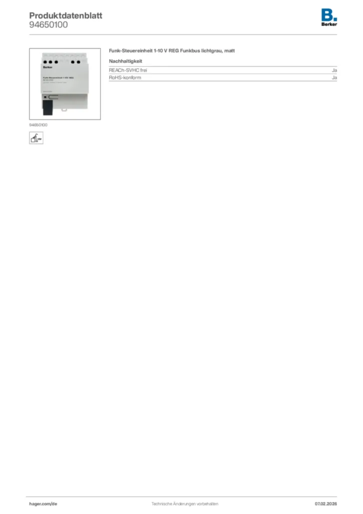 Bild Berker Produktdatenblatt 94650100 | Hager Deutschland