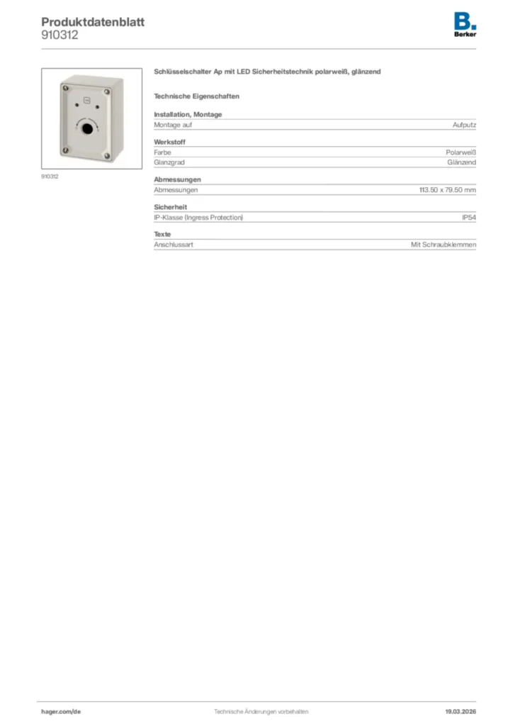 Bild Berker Produktdatenblatt 910312 | Hager Deutschland