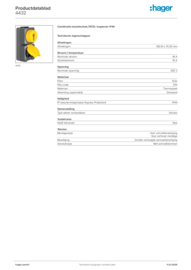 Afbeelding Hager Productdatablad 4432 | Hager Nederland