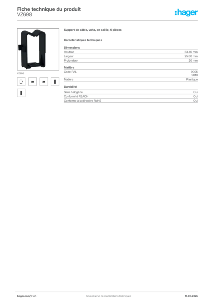 Image Hager Fiche technique du produit VZ698 | Hager Suisse