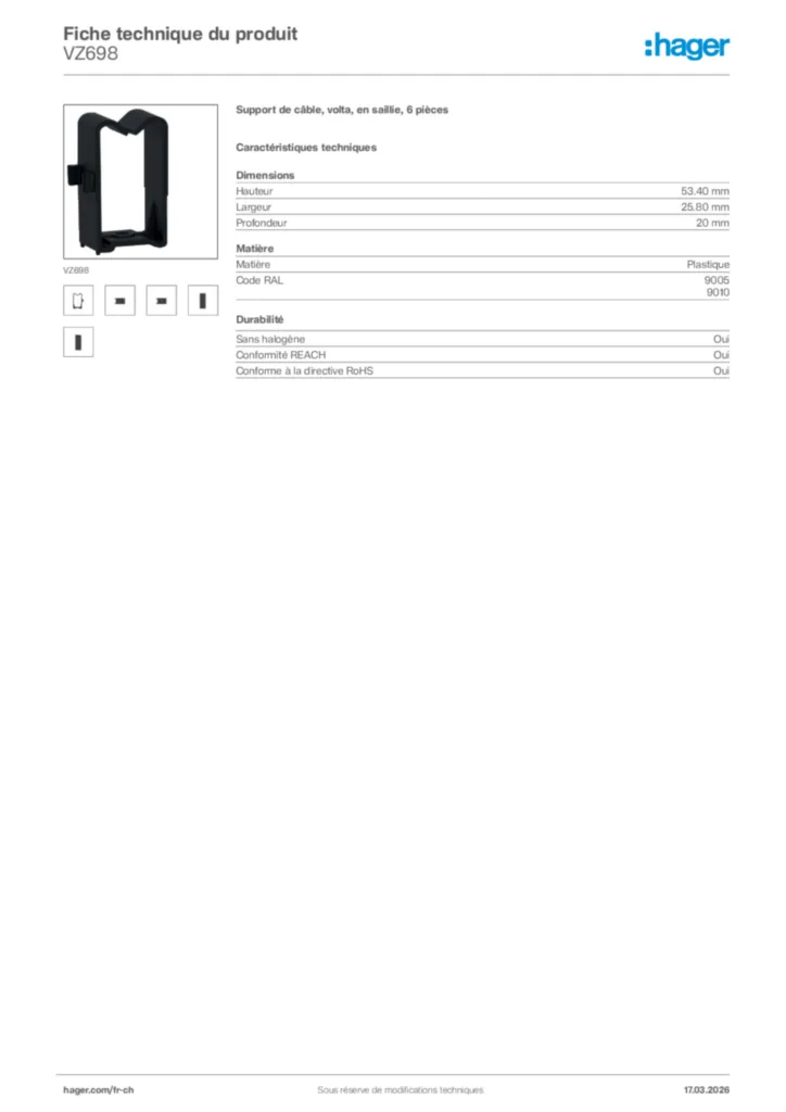 Image Hager Fiche technique du produit VZ698 | Hager Suisse