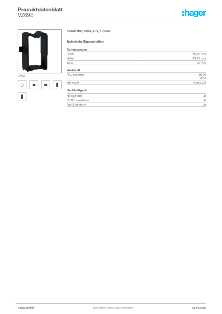 Bild Hager Produktdatenblatt VZ698 | Hager Deutschland