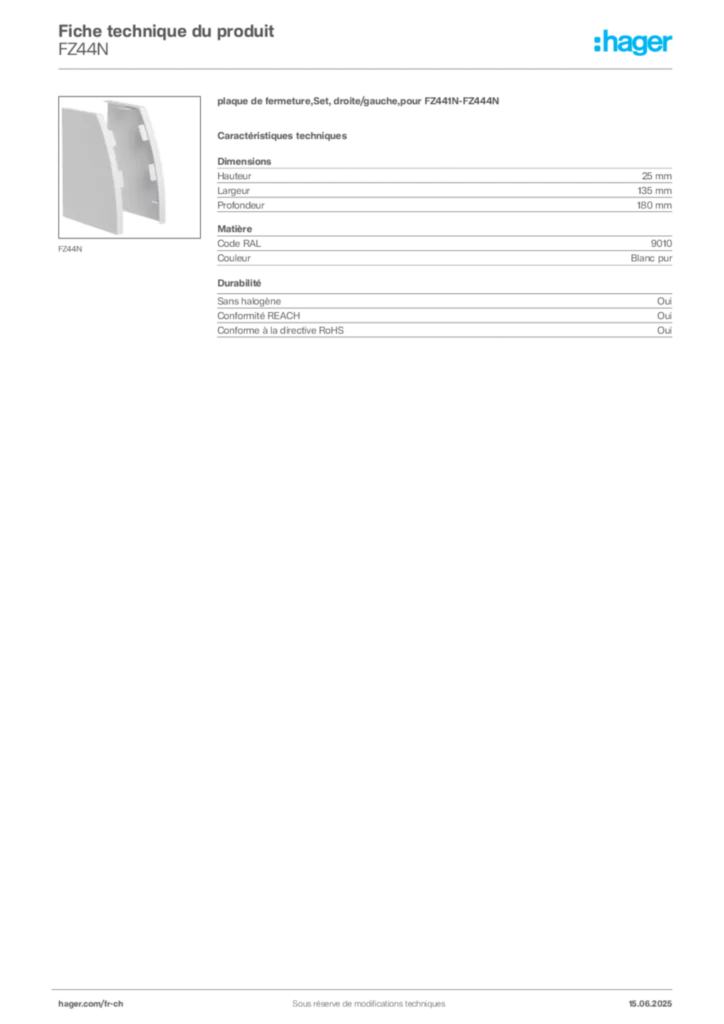 Image Hager Fiche technique du produit FZ44N | Hager Suisse