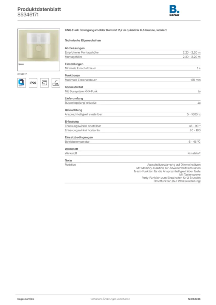 Bild Berker Produktdatenblatt 85346171 | Hager Deutschland