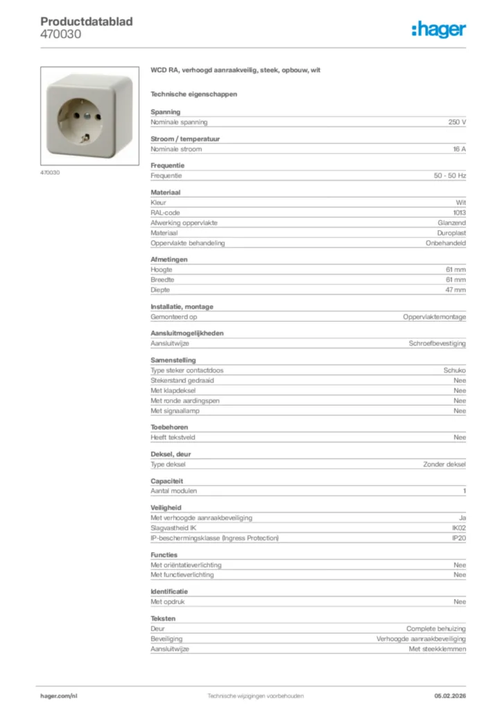 Afbeelding Hager Productdatablad 470030 | Hager Nederland