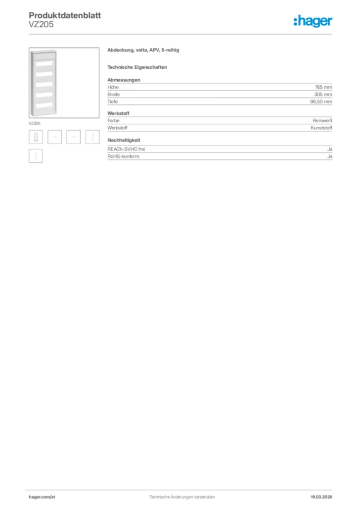 Bild Hager Produktdatenblatt VZ205 | Hager Deutschland