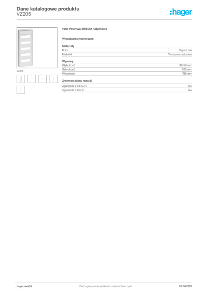 Zdjęcie Hager Dane katalogowe produktu VZ205 | Hager Polska