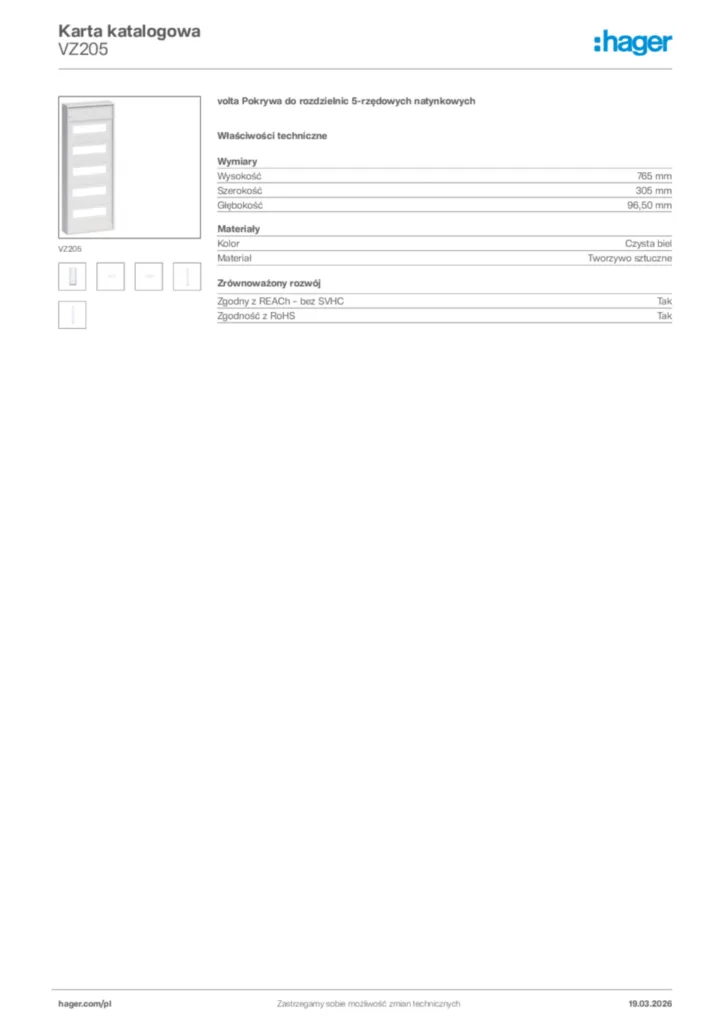 Zdjęcie Hager Karta katalogowa VZ205 | Hager Polska