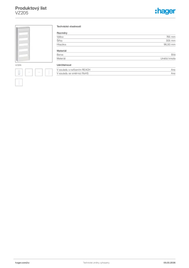 Obrázek Hager Product data sheet VZ205 | Hager