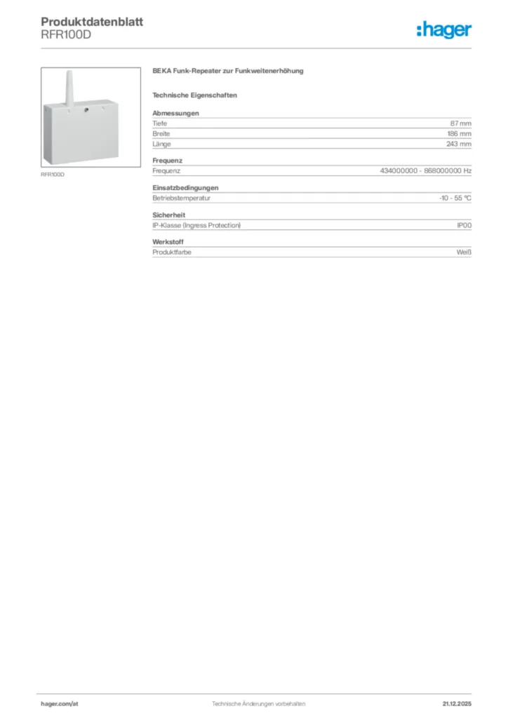 Bild Hager Produktdatenblatt RFR100D | Hager Deutschland