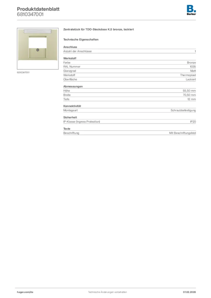Bild Berker Produktdatenblatt 6810347001 | Hager Deutschland