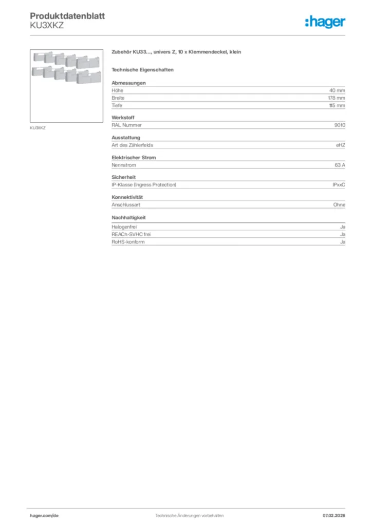 Bild Hager Produktdatenblatt KU3XKZ | Hager Deutschland