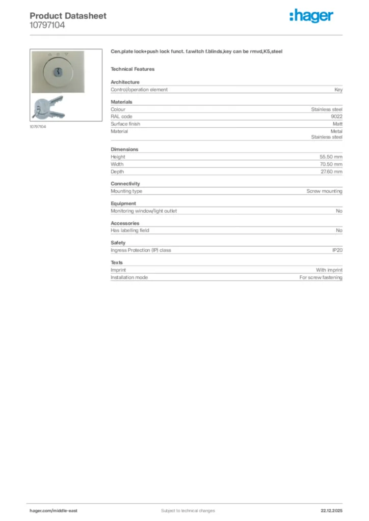 Image Hager Product data sheet 10797104  | Hager