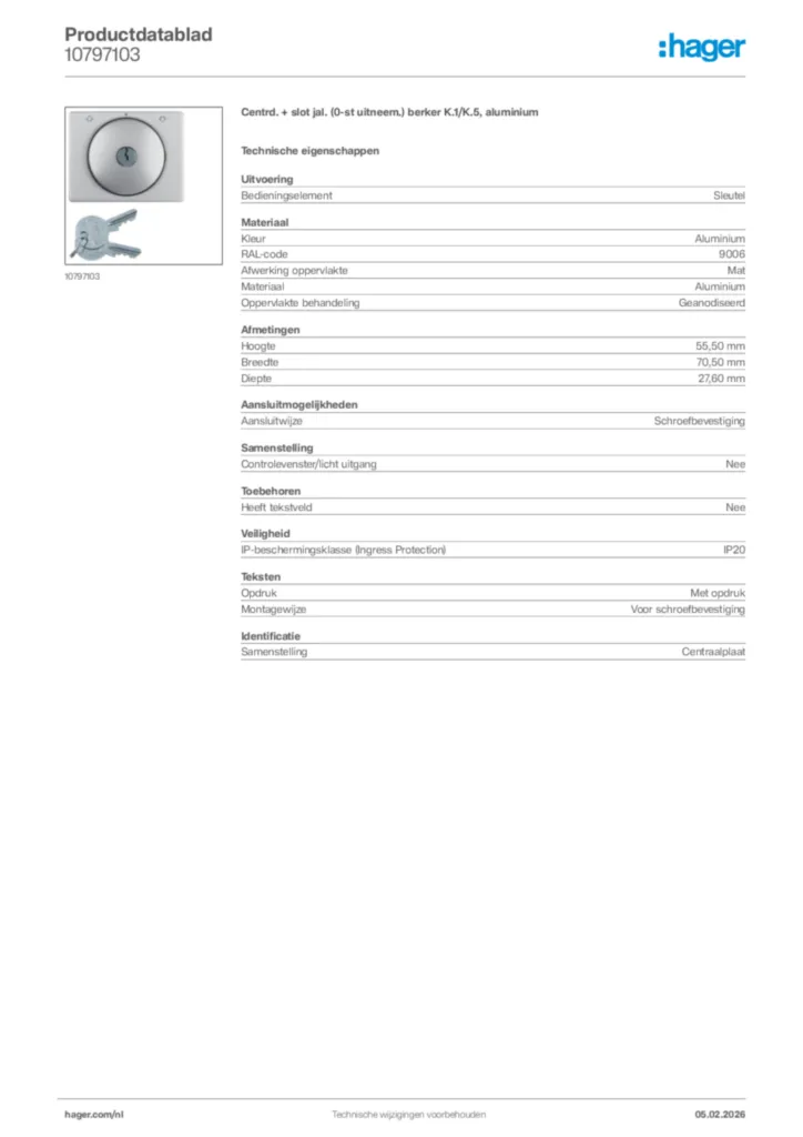 Afbeelding Hager Productdatablad 10797103 | Hager Nederland