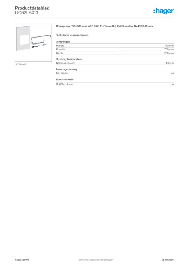Afbeelding Hager Productdatablad UC52LAX13 | Hager Nederland