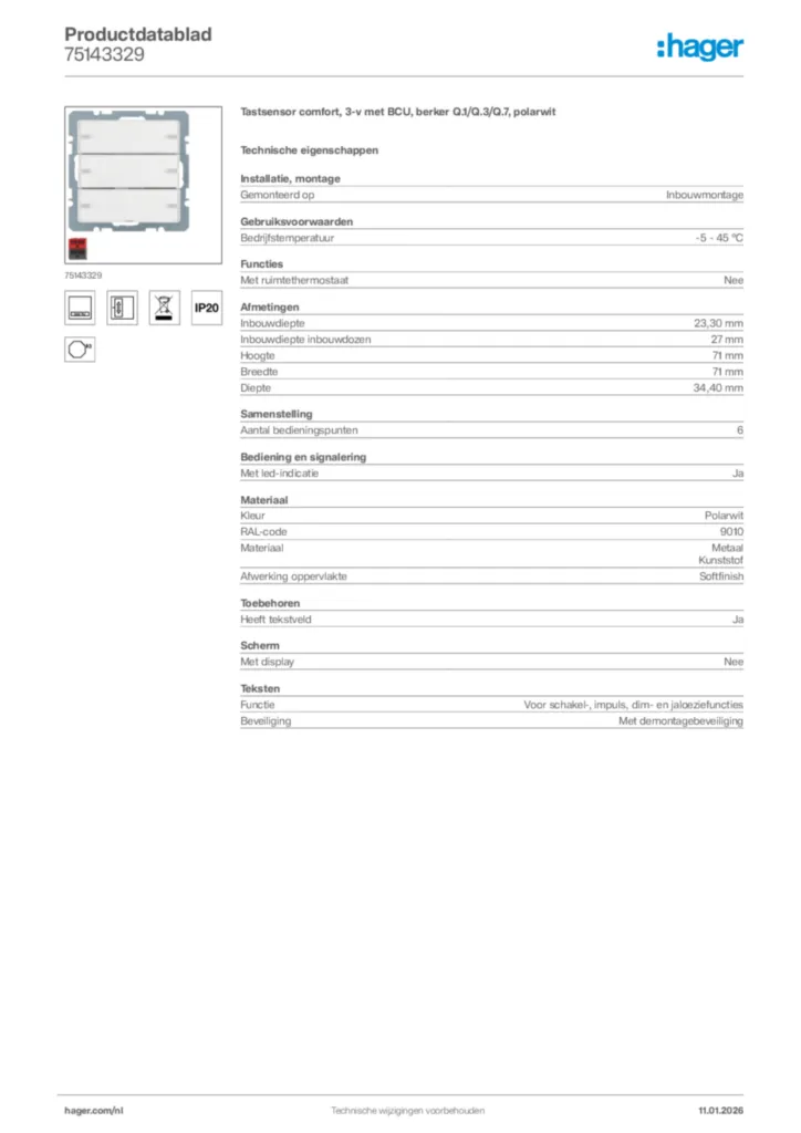 Afbeelding Hager Productdatablad 75143329 | Hager Nederland