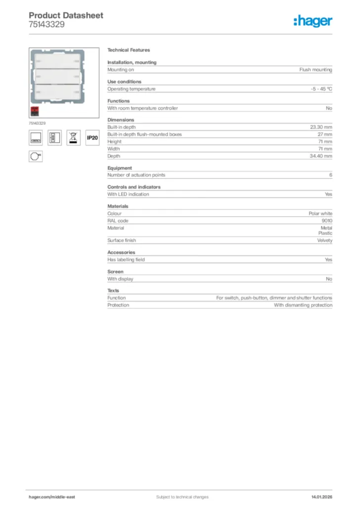 Image Hager Product data sheet 75143329  | Hager