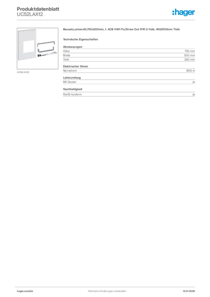 Bild Hager Produktdatenblatt UC52LAX12 | Hager Deutschland