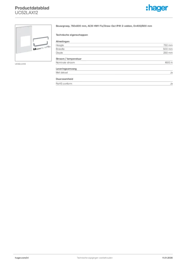 Afbeelding Hager Productdatablad UC52LAX12 | Hager Nederland
