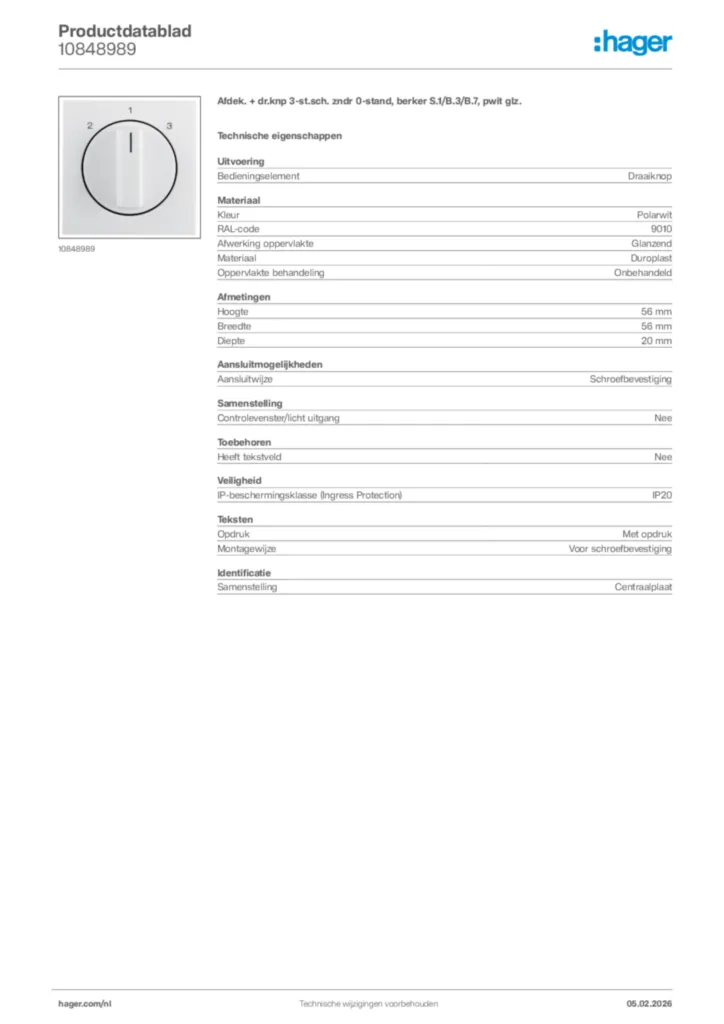 Afbeelding Hager Productdatablad 10848989 | Hager Nederland