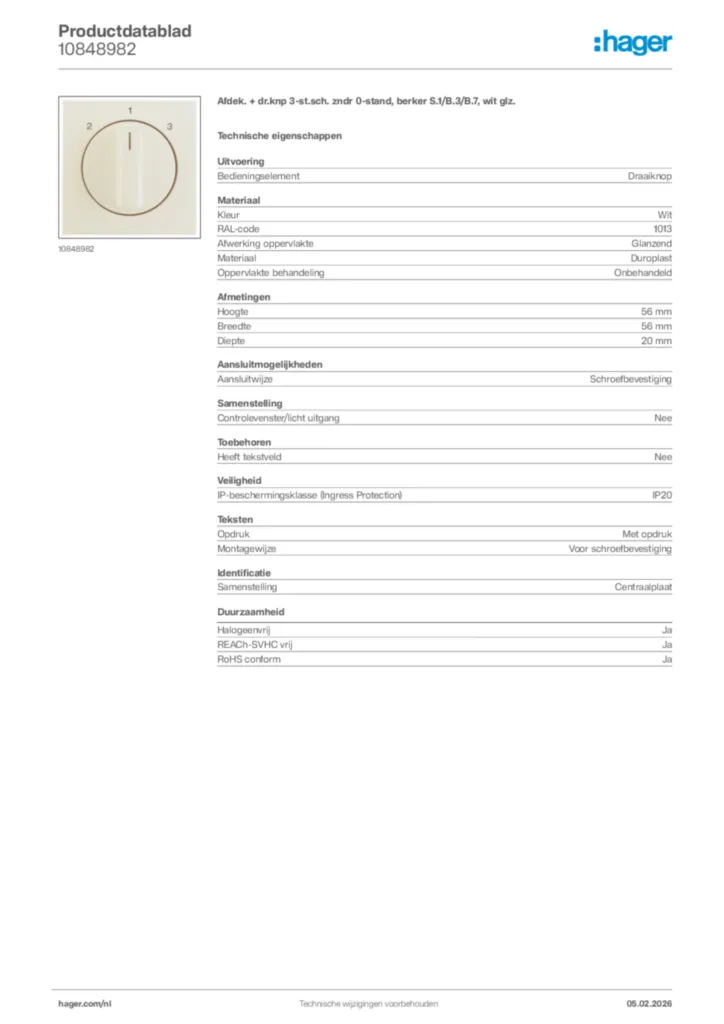 Afbeelding Hager Productdatablad 10848982 | Hager Nederland