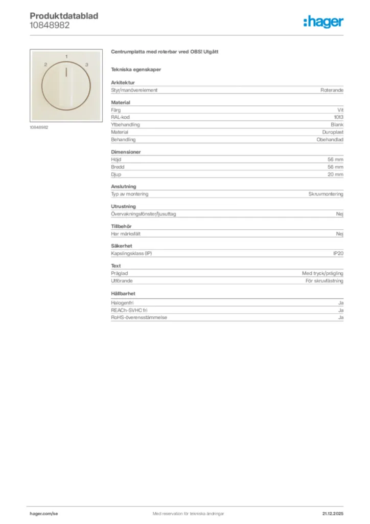 Bild Hager Produktdatablad 10848982 | Hager Sverige