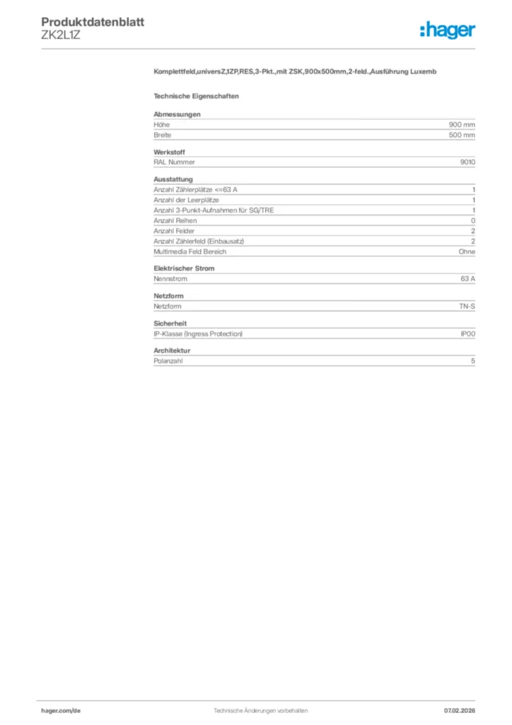 Bild Hager Produktdatenblatt ZK2L1Z | Hager Deutschland