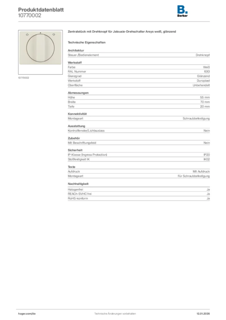 Bild Berker Produktdatenblatt 10770002 | Hager Deutschland