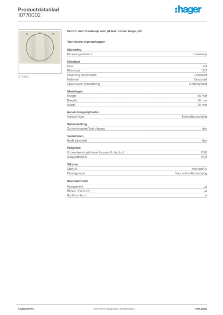Afbeelding Hager Productdatablad 10770002 | Hager Nederland