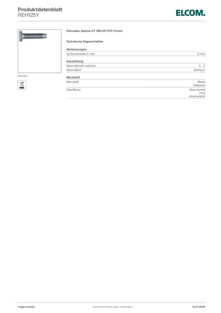 Bild Elcom Produktdatenblatt REH125Y | Hager Deutschland