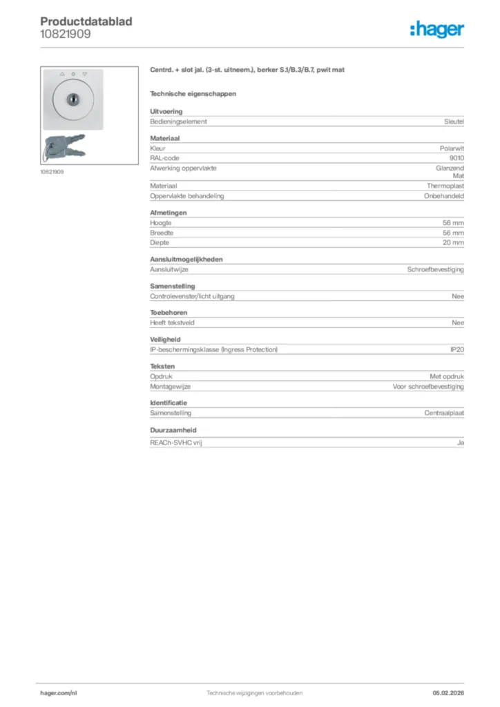 Afbeelding Hager Productdatablad 10821909 | Hager Nederland
