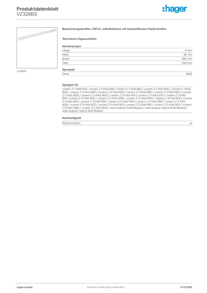 Bild Hager Produktdatenblatt VZ324BS | Hager Deutschland