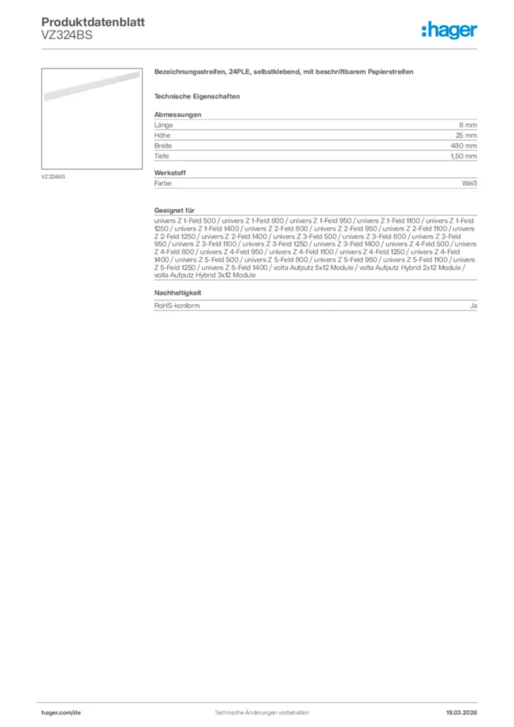 Bild Hager Produktdatenblatt VZ324BS | Hager Deutschland