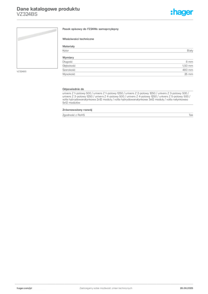 Zdjęcie Hager Dane katalogowe produktu VZ324BS | Hager Polska