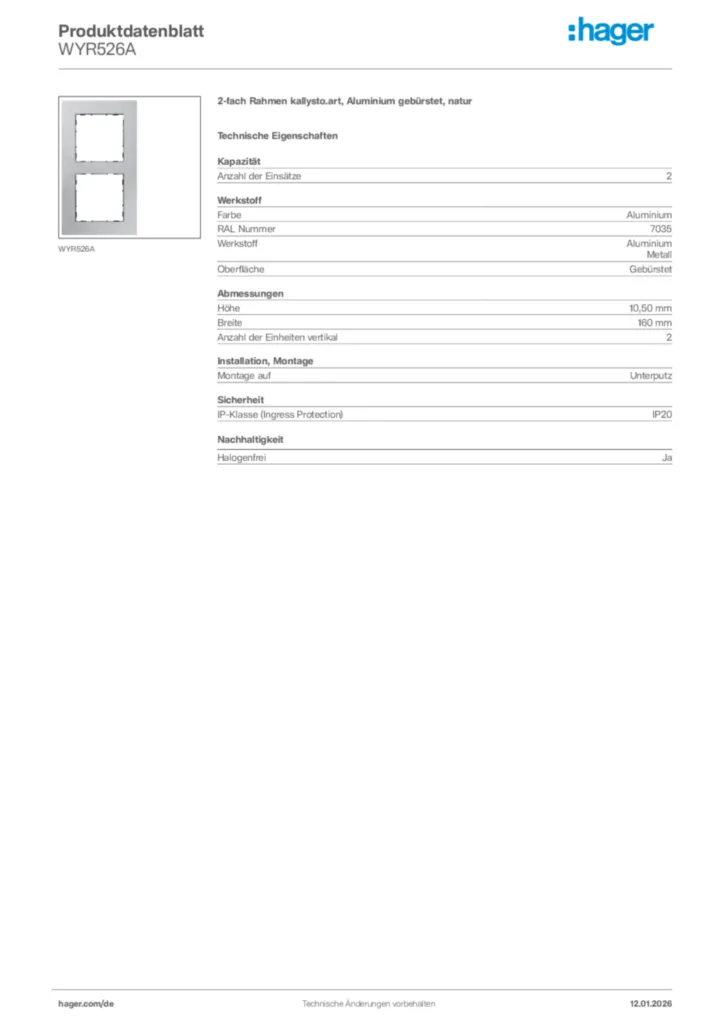 Bild Hager Produktdatenblatt WYR526A | Hager Deutschland