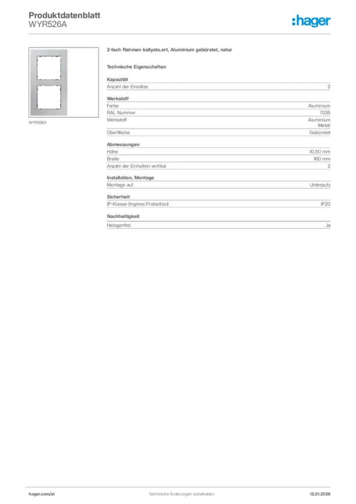 Bild Hager Produktdatenblatt WYR526A | Hager Deutschland