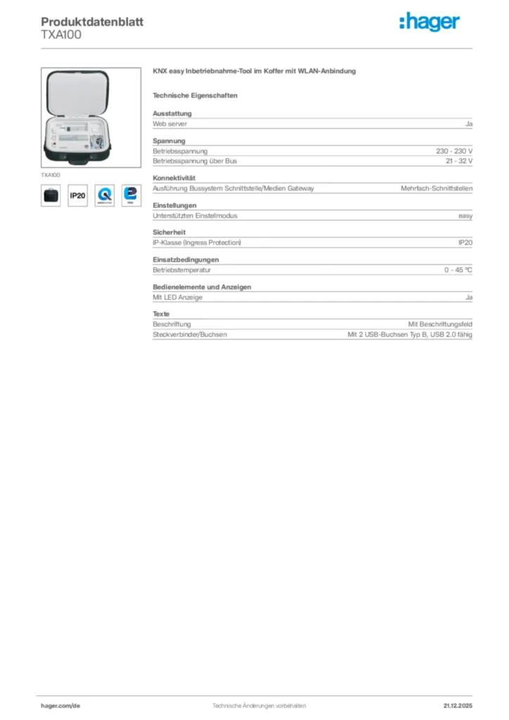 Bild Hager Produktdatenblatt TXA100 | Hager Deutschland