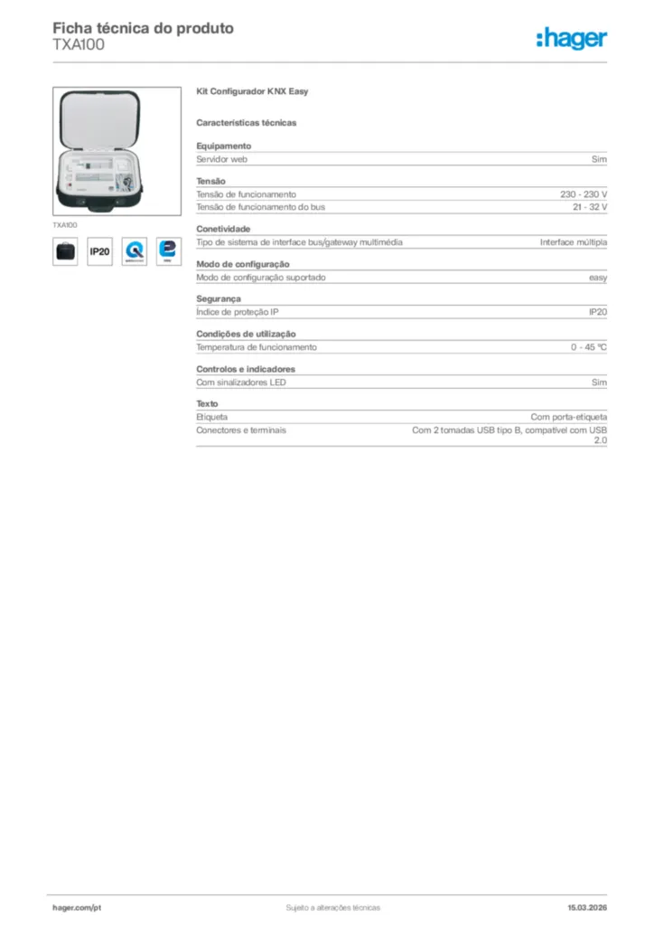 Imagem Hager Ficha técnica do produto TXA100 | Hager Portugal