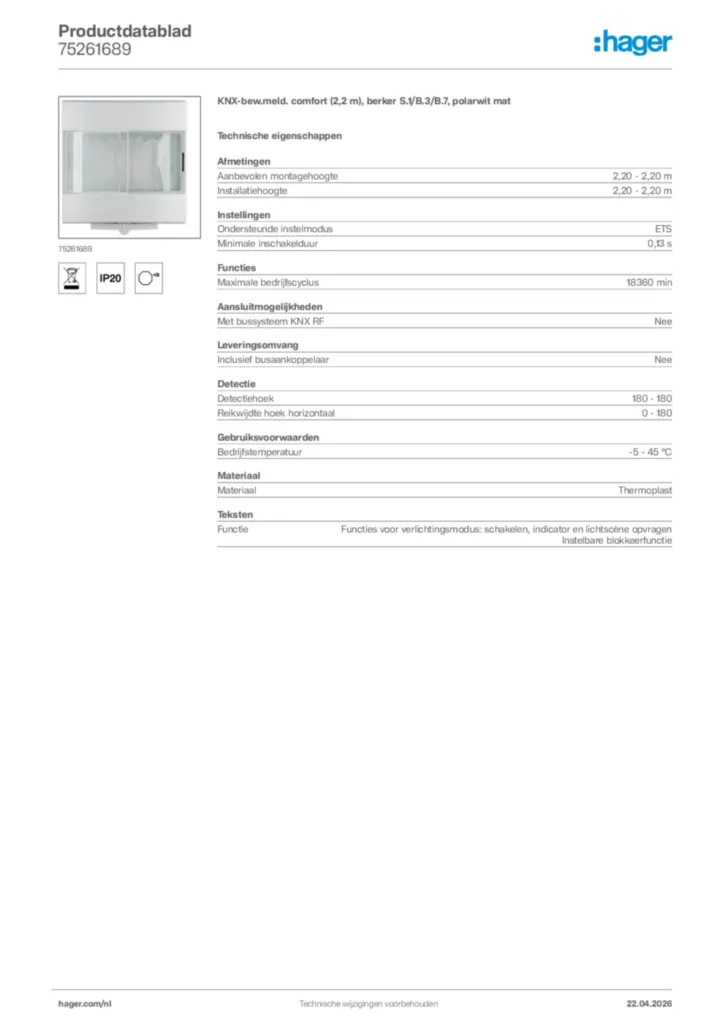 Afbeelding Hager Productdatablad 75261689 | Hager Nederland