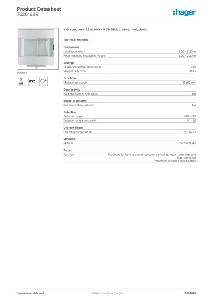 Image Hager Product data sheet 75261689  | Hager