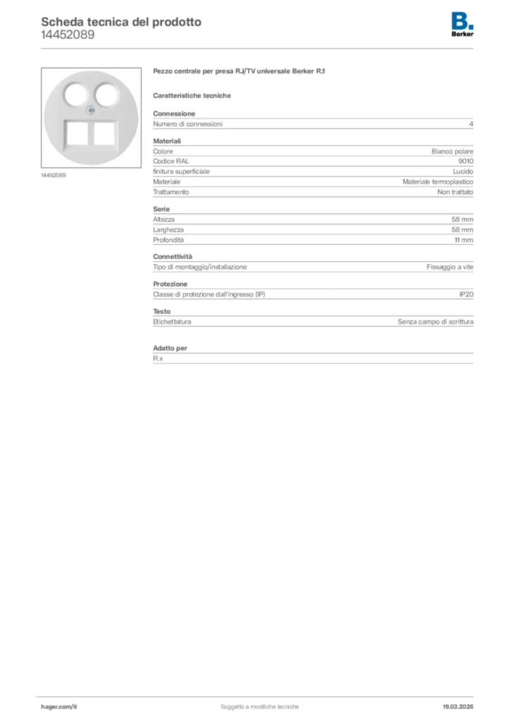 Immagine Berker Scheda tecnica del prodotto 14452089 | Hager Italia