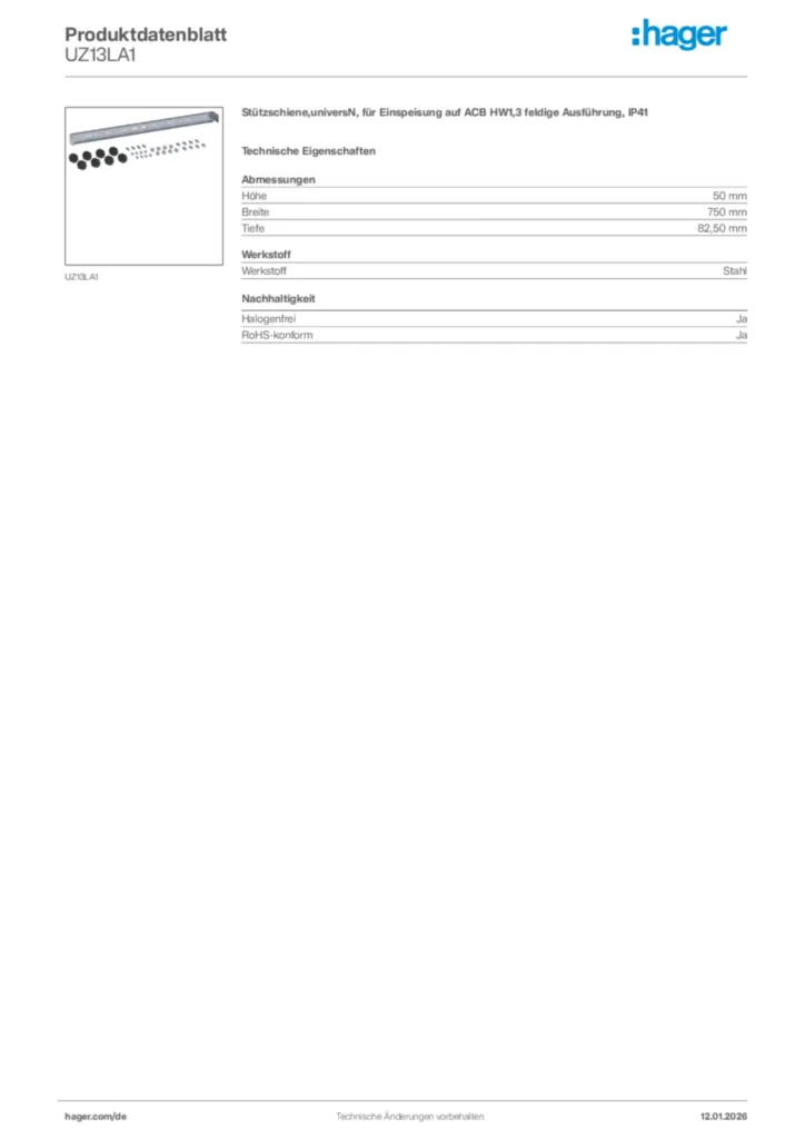 Bild Hager Produktdatenblatt UZ13LA1 | Hager Deutschland