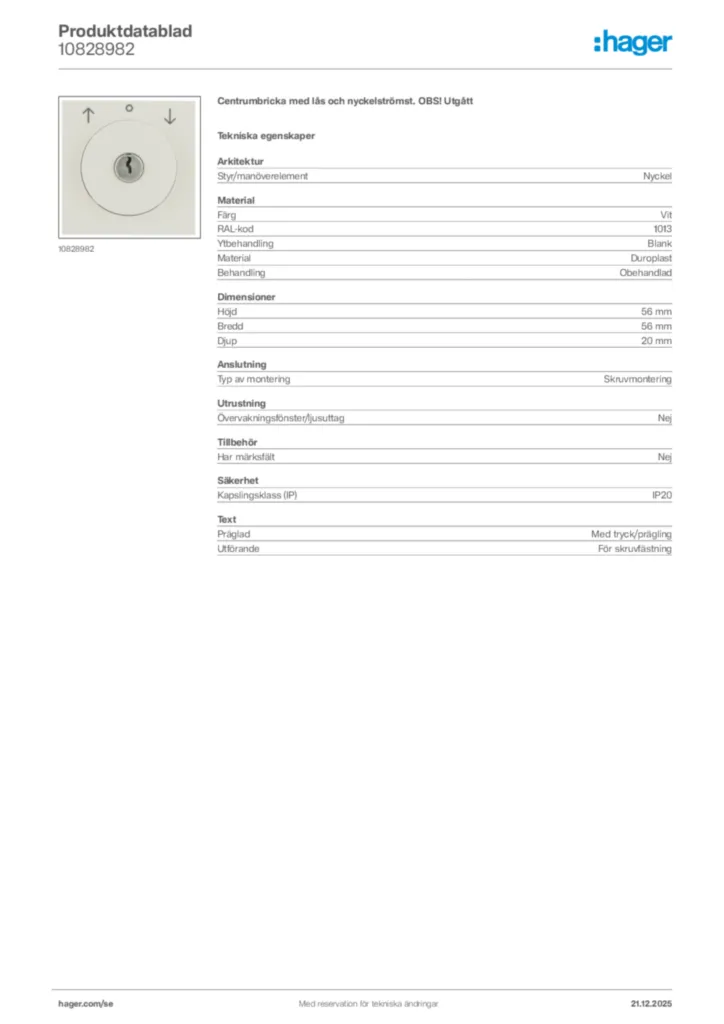 Bild Hager Produktdatablad 10828982 | Hager Sverige