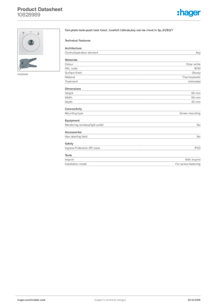 Image Hager Product data sheet 10828989  | Hager