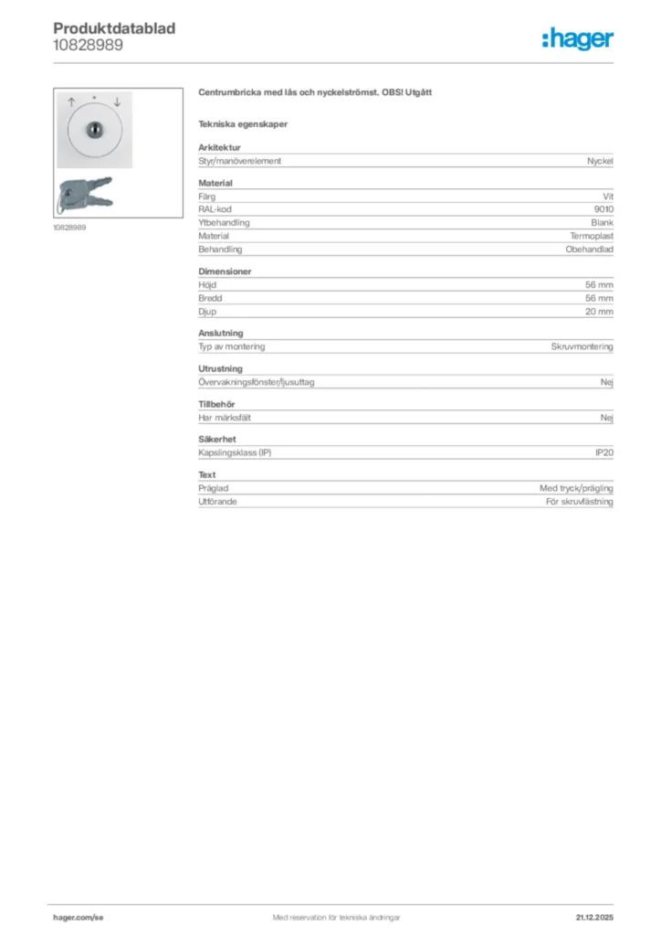 Bild Hager Produktdatablad 10828989 | Hager Sverige