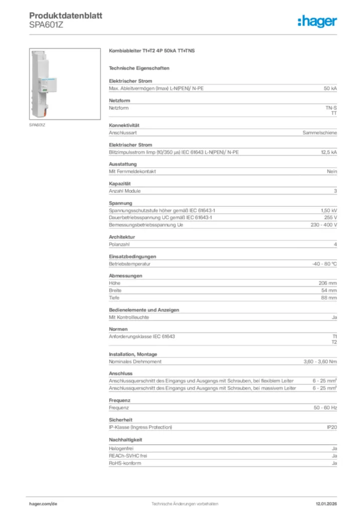 Bild Hager Produktdatenblatt SPA601Z | Hager Deutschland