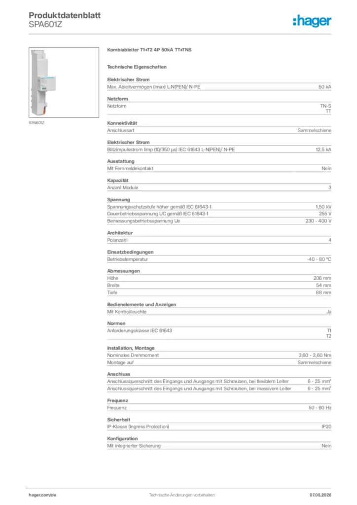 Bild Hager Produktdatenblatt SPA601Z | Hager Deutschland