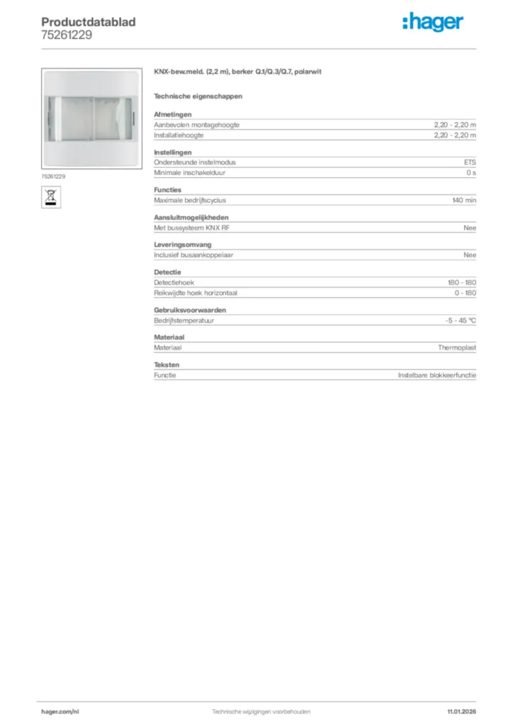 Afbeelding Hager Productdatablad 75261229 | Hager Nederland